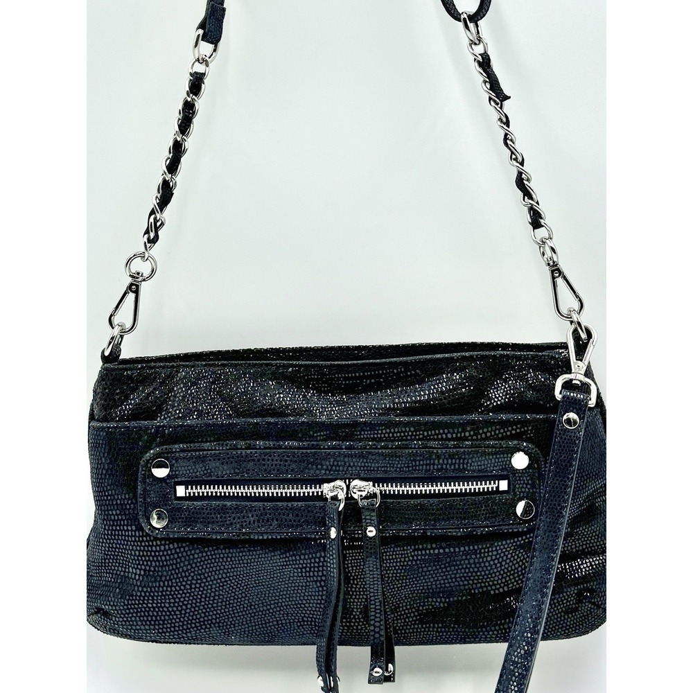 Chez Fine Leather by‎ Cheryl Metallic Blue Adjustable Chain Crossbody Bag Y2K?